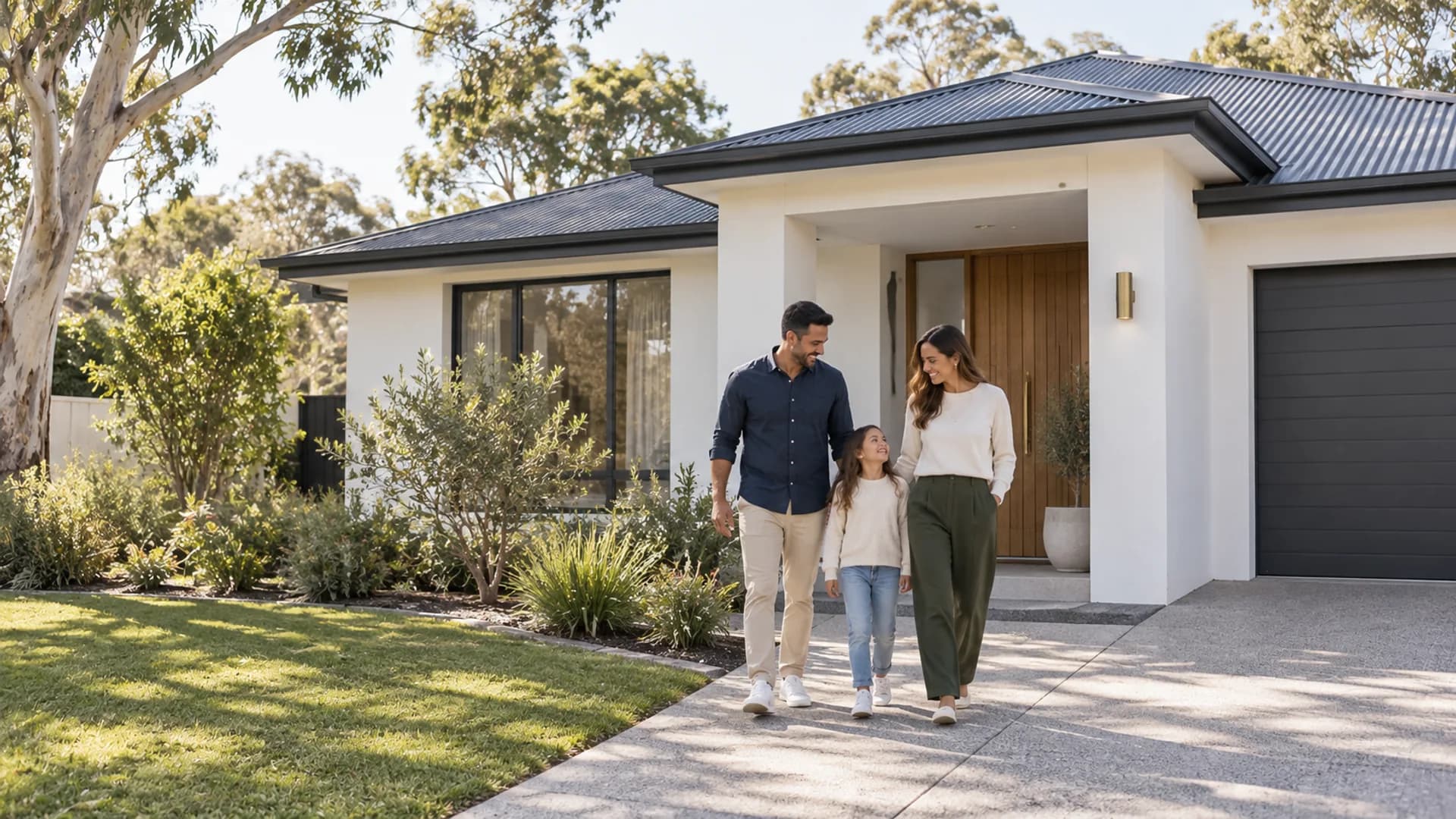 Family outside a contemporary Australian home with a native garden